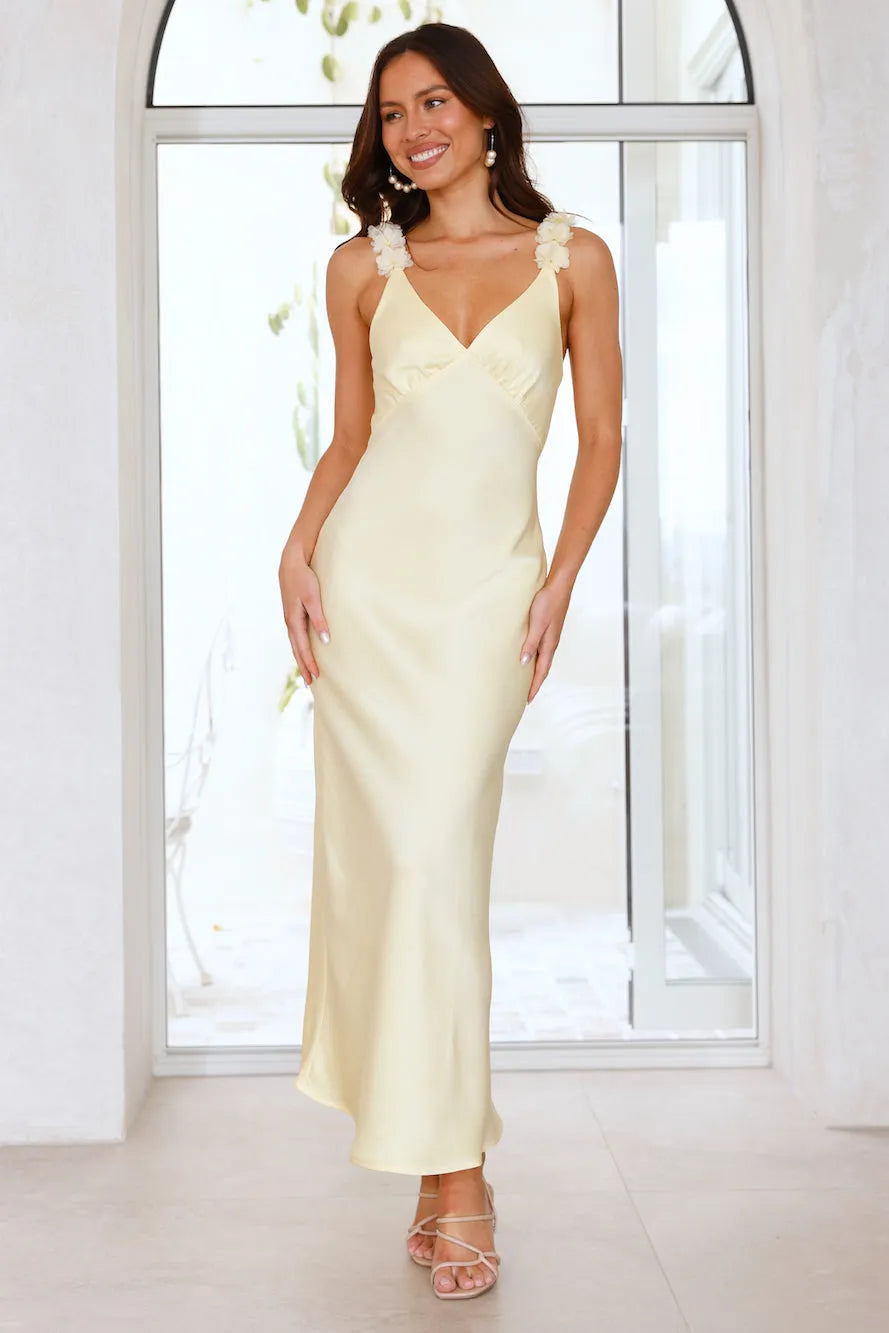 Sheath/Column V Neck Satin Maxi Dress with Floral Straps Prom Dress